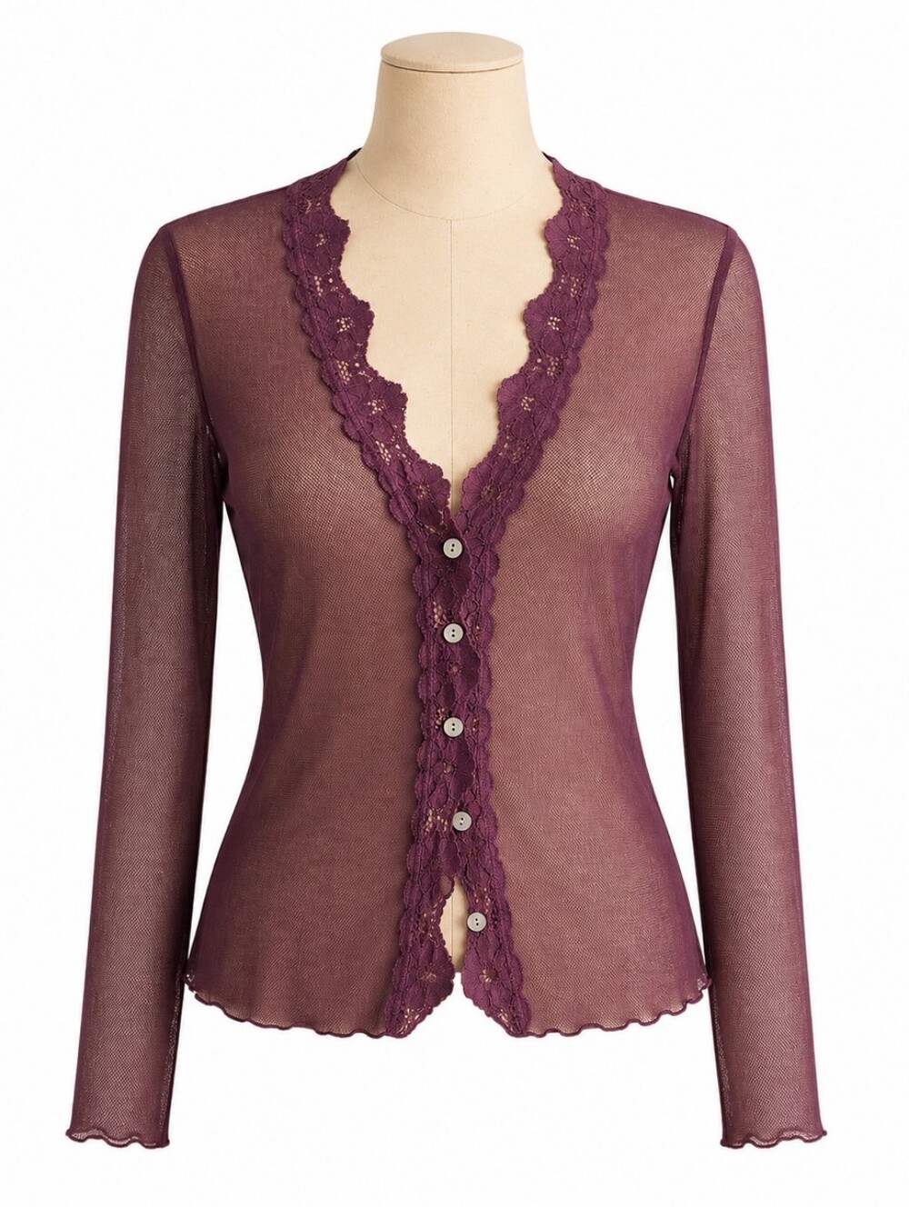 Rampage Burgundy Sheer Mesh Lace Button Front Top Size M